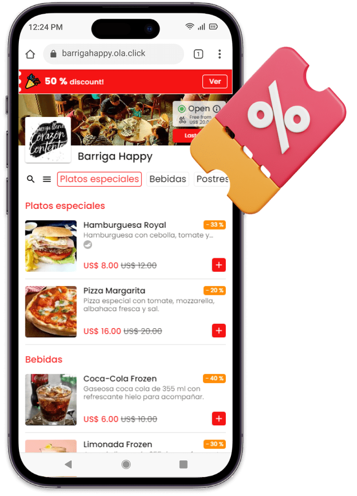 Menú digital de OlaClick en el celular con platos y promociones