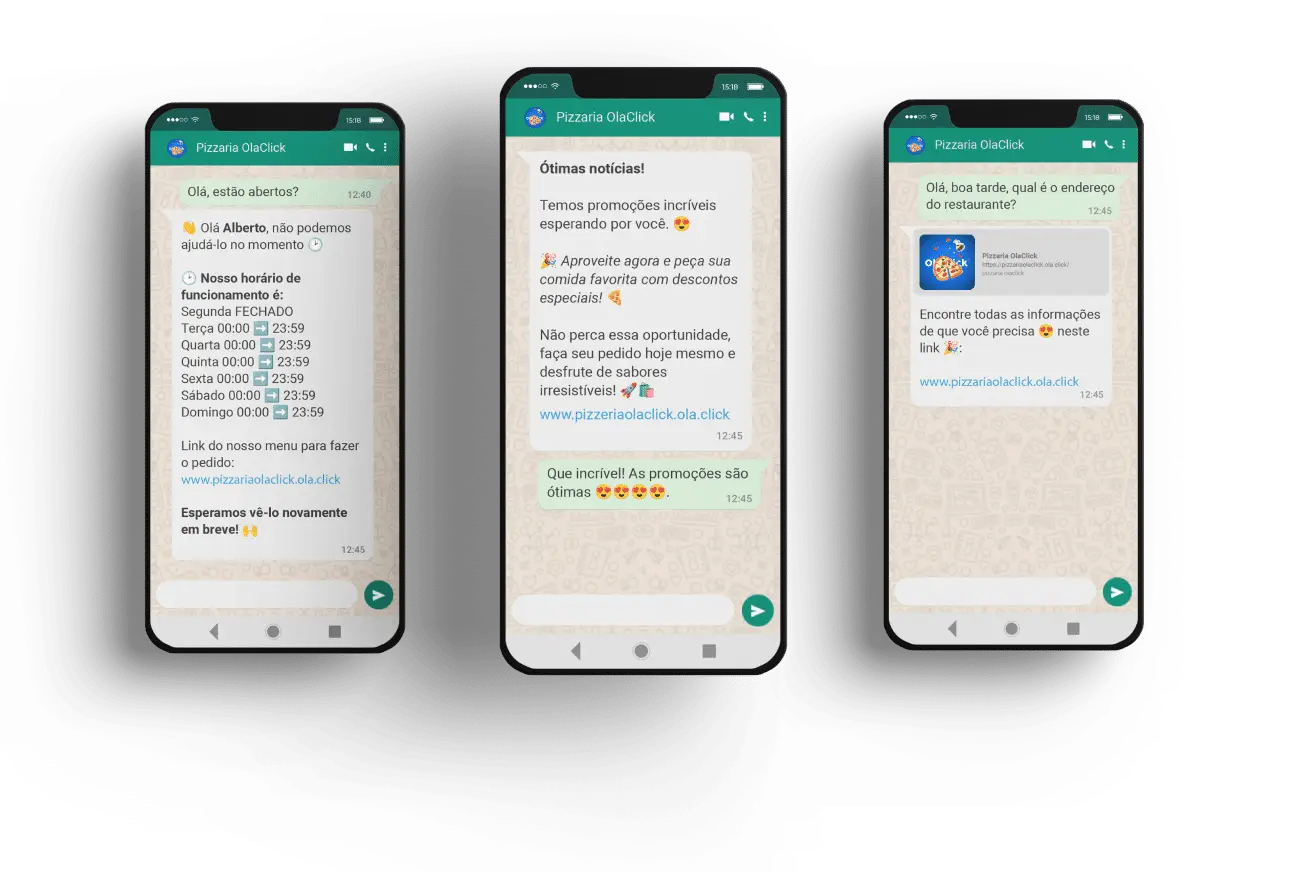 Tres celulares mostrando mensajes automatizados del robot de WhatsApp de OlaClick: mensajes de venta, de horario y de información