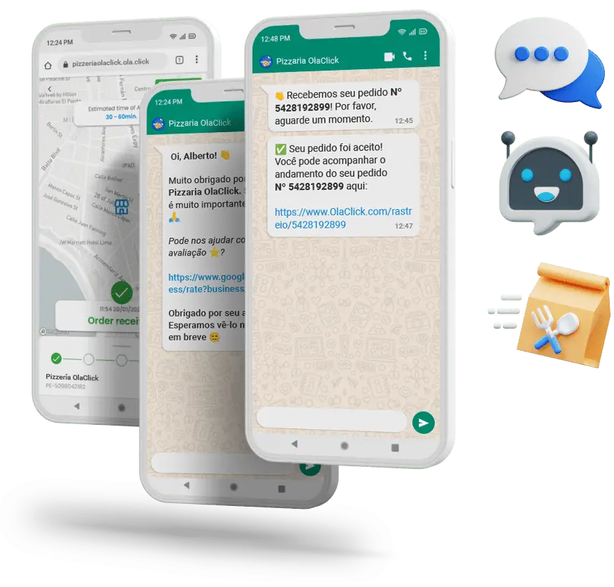 Celulares mostrando notificaciones automáticas del robot de WhatsApp de OlaClick: pedido recibido, aceptado y en preparación