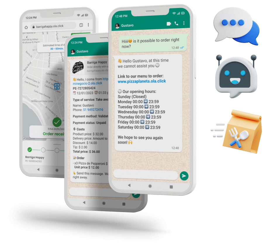 Chatbot de OlaClick en WhatsApp integrado al sistema KDS respondiendo pedidos automáticamente