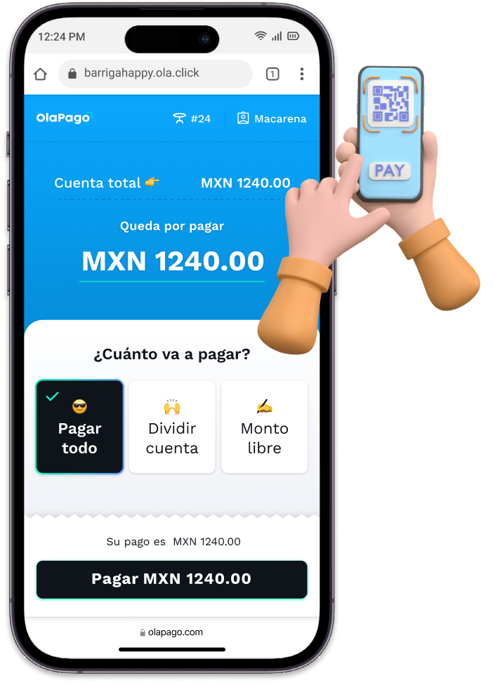 Celular mostrando el pago desde la mesa vía Código QR integrado al sistema de cocina