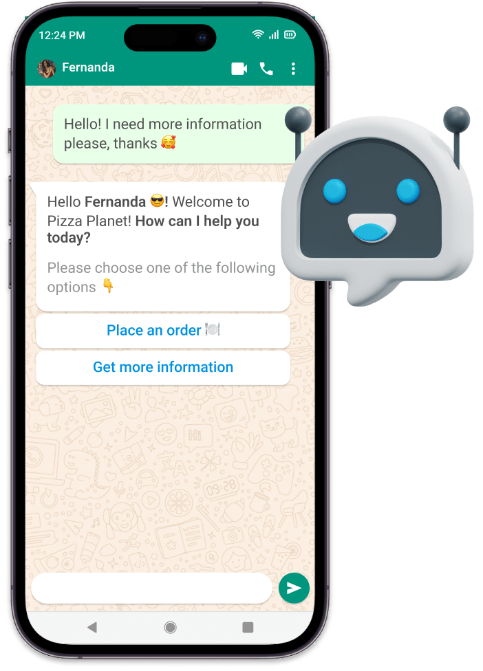 Celular mostrando el WhatsApp Chatbot de OlaClick atendiendo a un cliente