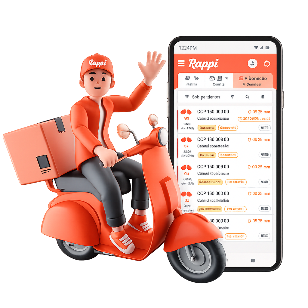 Repartidor de Rappi con smartphone mostrando panel de pedidos OlaClick