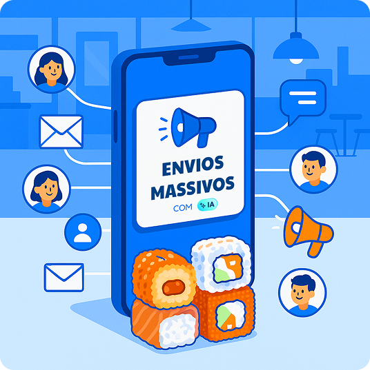 Ilustración de envío masivo por WhatsApp de OlaClick con un celular mostrando la campaña ENVIOS MASSIVOS y contactos alrededor