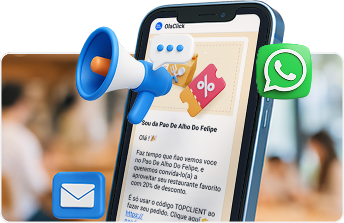 Celular mostrando una campaña de WhatsApp de OlaClick con cupón de descuento, megáfono e íconos de WhatsApp y correo