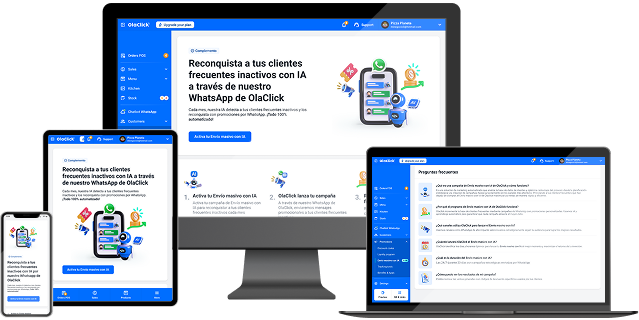 Panel de campañas de OlaClick en computadora, laptop, tablet y celular al mismo tiempo