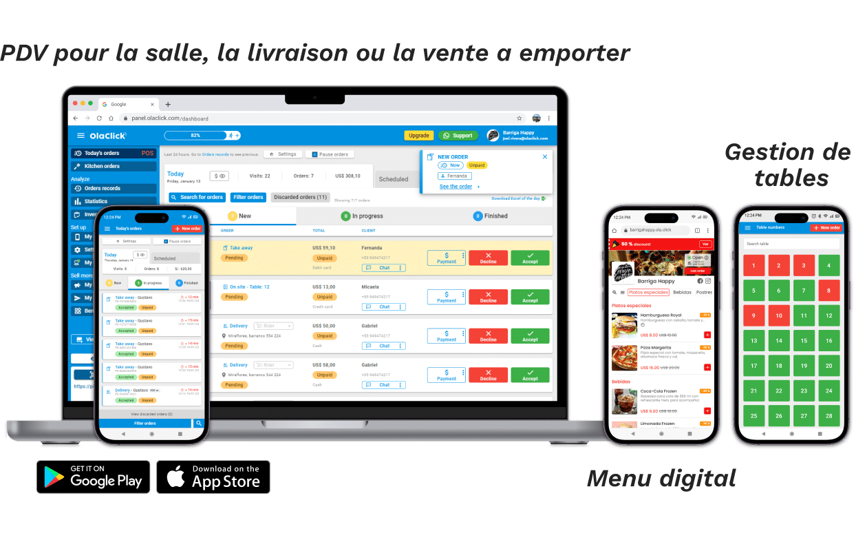 Serveur numérique OlaClick sur ordinateur et mobile : PDV pour la salle, la livraison ou la vente à emporter, menu digital et gestion de tables