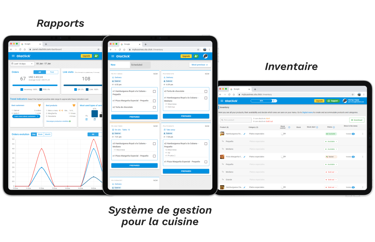 Rapports, système de gestion pour la cuisine (KDS) et inventaire du serveur numérique OlaClick sur écrans d'ordinateur, mobile et tablette