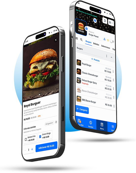 Dois celulares com o sistema OlaClick: cardápio digital e ponto de venda de uma hamburgueria