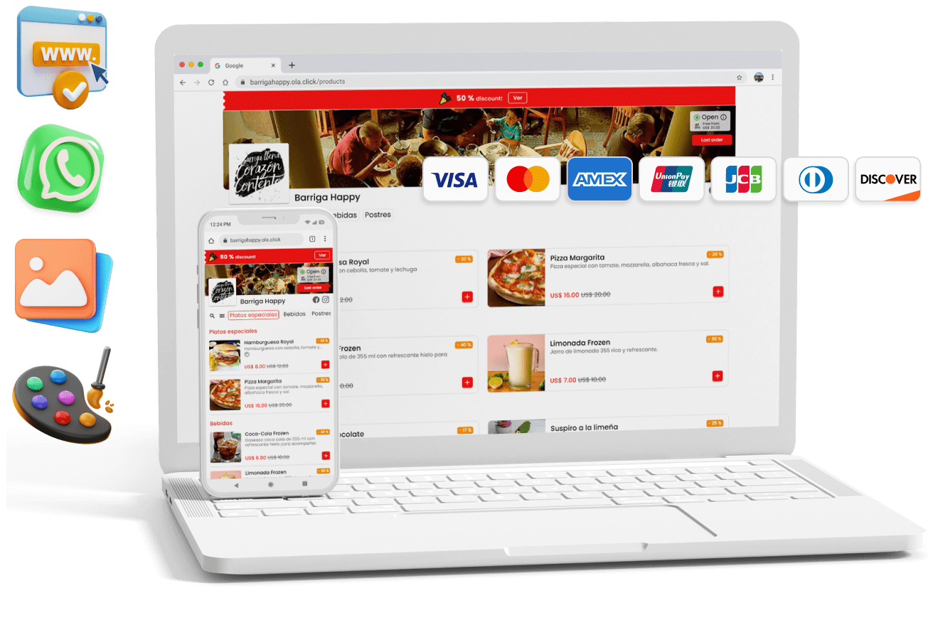 Cardápio digital da OlaClick exibido em notebook e celular, com formas de pagamento e pratos do restaurante