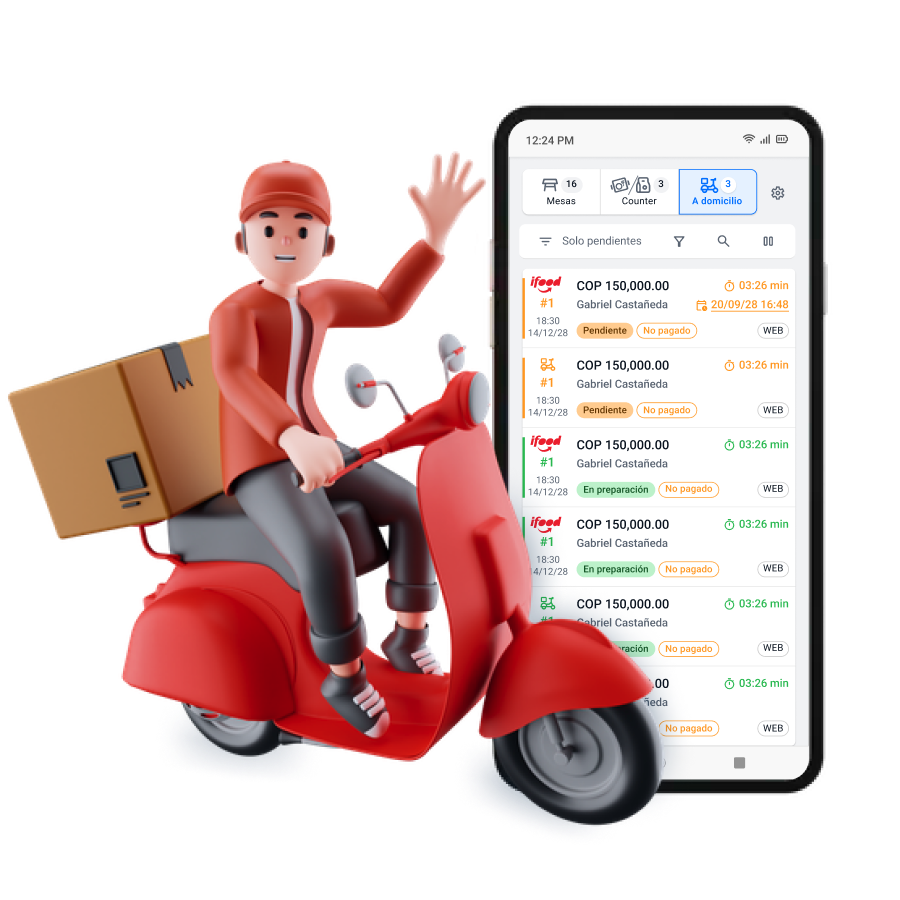 Entregador em moto com celular mostrando gestão de pedidos iFood no OlaClick