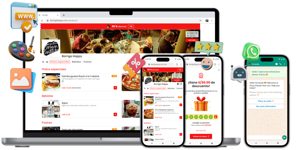 Menú digital OlaClick en laptop, tablet y celular con carta del restaurante