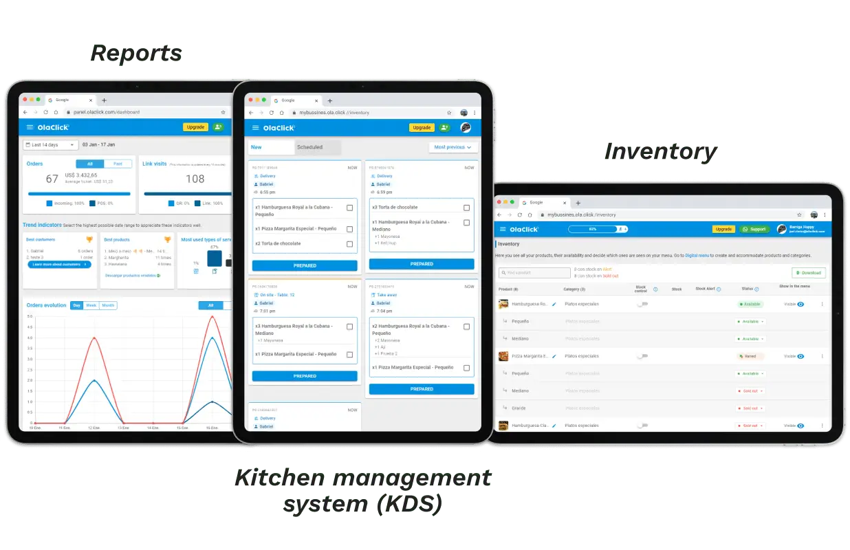 Pantallas del sistema OlaClick en tablet — reportes, sistema de cocina KDS e inventario