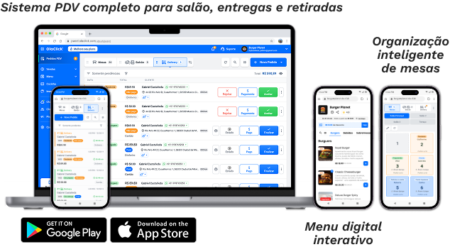 Sistema PDV OlaClick em laptop e celulares para gestão de pedidos