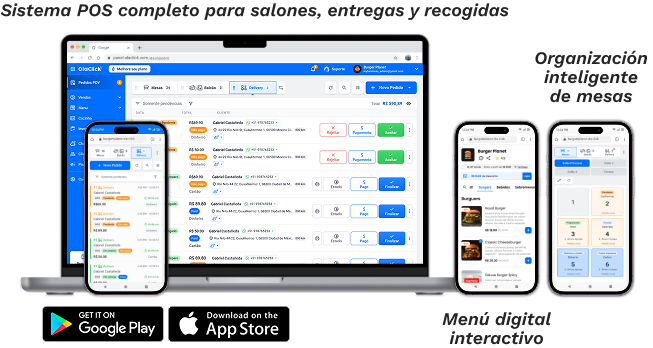 Sistema POS OlaClick en laptop y celulares para gestión de pedidos