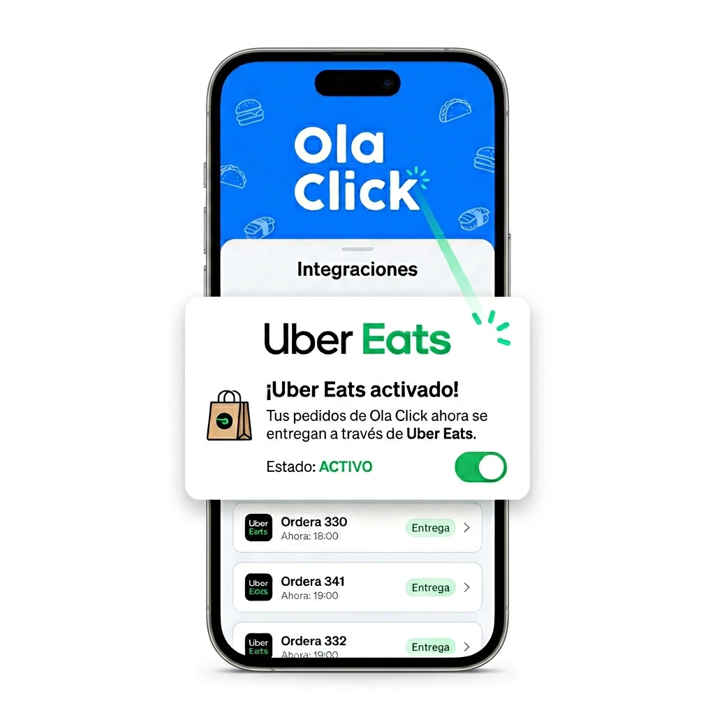 Celular mostrando panel de integraciones OlaClick con Uber Eats activado y pedidos en cola
