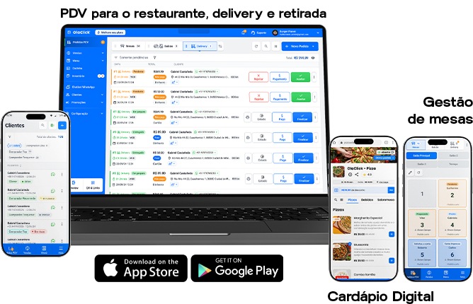 POS de OlaClick en laptop y celular — pedidos del restaurante, delivery y retiro, carta digital y gestión de mesas