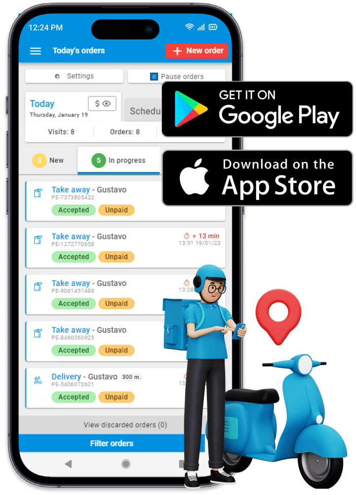 Celular mostrando la app para repartidor y para personal de salón de OlaClick