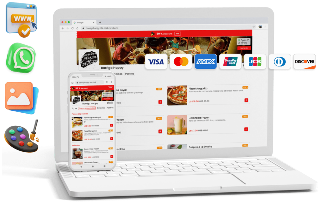 Menu digital na versão para celular e desktop de um restaurante da Olaclick com ícones de método de pagamento e do WhatsApp
