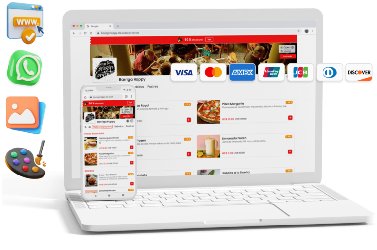 Menu digital en version Movil y desktop de Olaclick de un restaurante con iconos de medios de pago y de WhatsApp