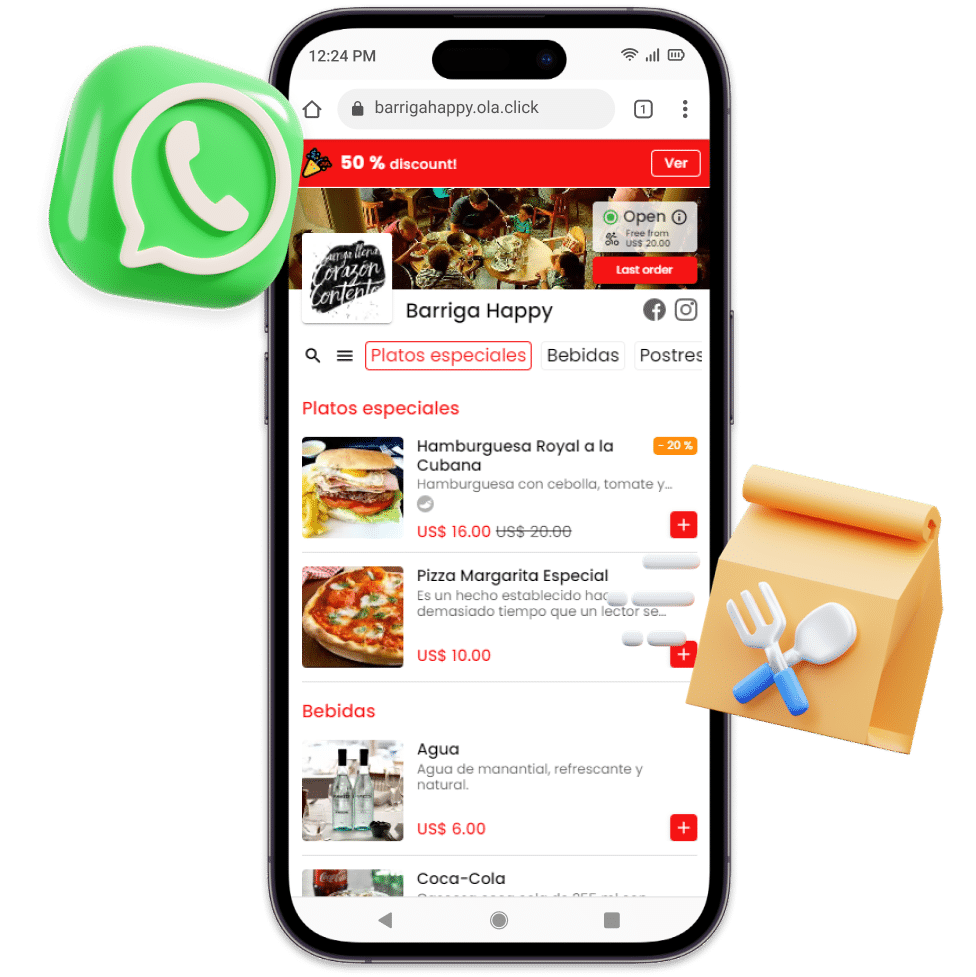 Página de produtos de um cardápio digital com ícone do WhatsApp e ícone de entrega