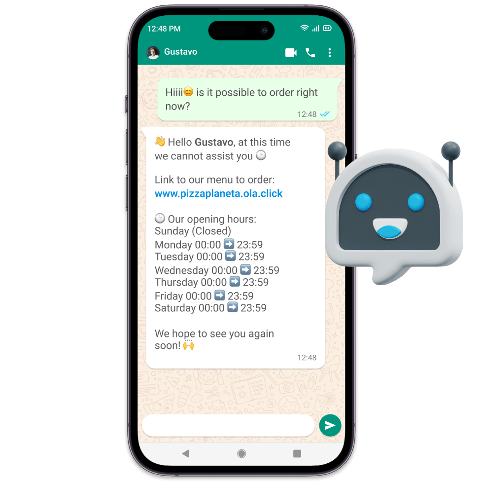 Mensaje WhatsApp mostrando la consulta de un cliente y la respuesta del chatbot de Olaclick