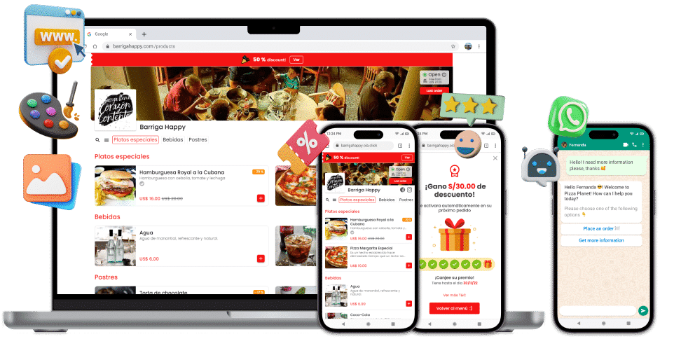 Funcionaldades del menu digital de Olaclick para restaurantes en su version desktop, movil o Ipad