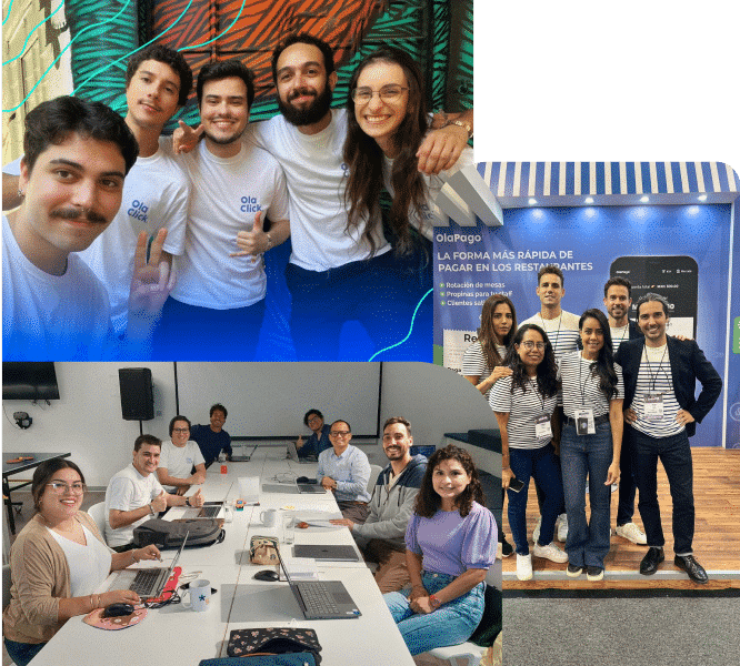 Équipe de soutien à Olaclick dans les bureaux du Brésil, du Pérou et du Mexique souriant et aidant des restaurants